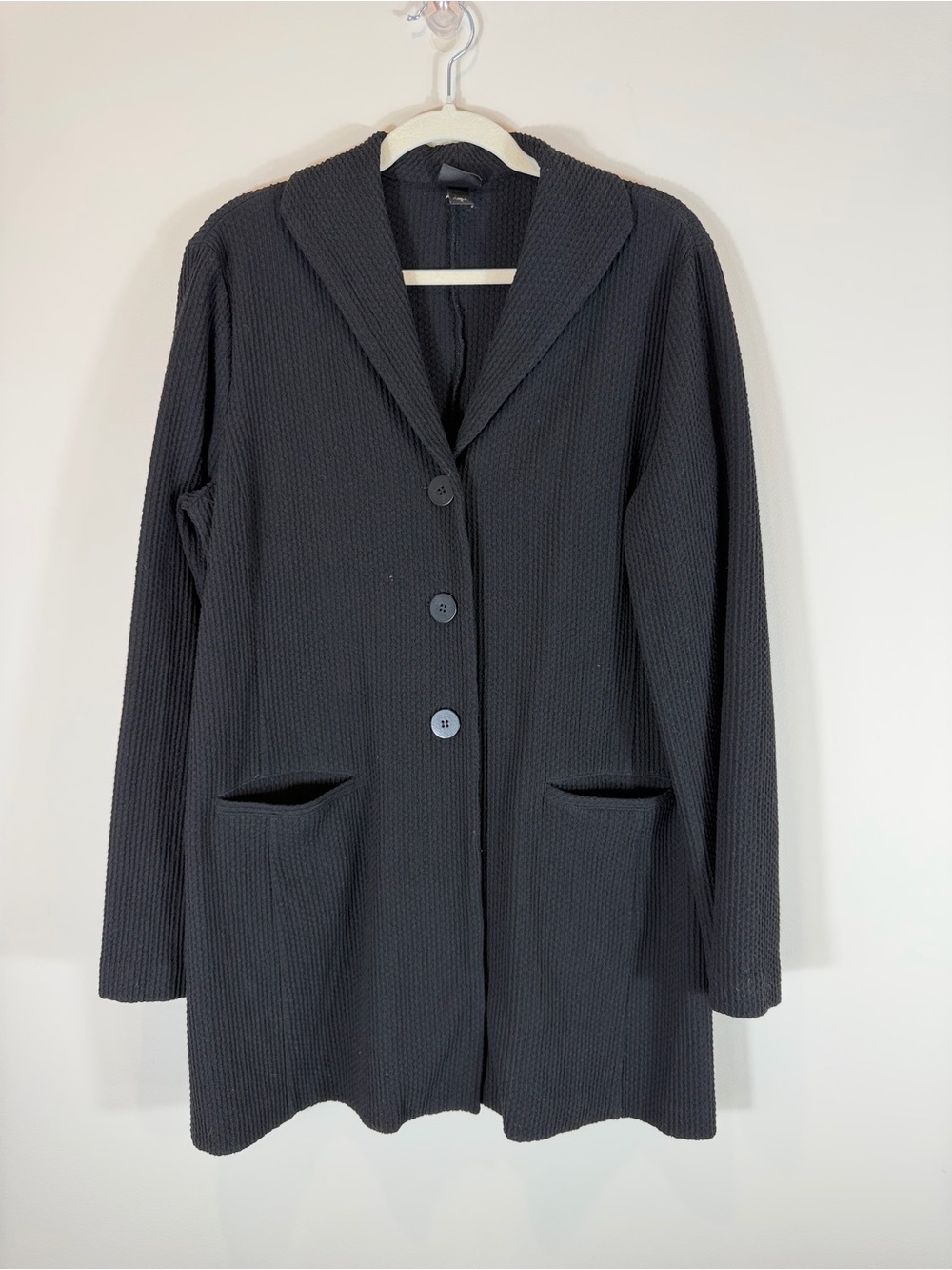 Eileen Fisher Black Waffle Knit Long Italian Fabric Jacket size Large